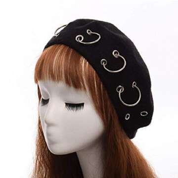 GK-O Vintage Handmade Wool Punk Iron Ring Beret Lolita Girls Painter Hat Black