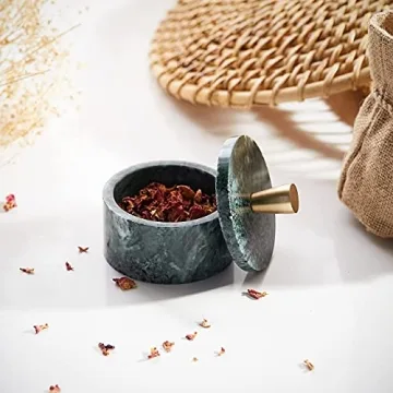 Queenza Green Marble Salt Cellar with Brass Knob 3 Inch