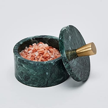 Queenza Green Marble Salt Cellar with Brass Knob 3 Inch