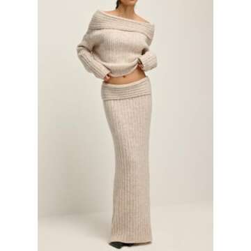 Kwunbwa Skirt Sets Women 2 Piece Outfits Off Shoulder Long Sleeve Sweater Bodycon Maxi Skirt Fall Knit Sweater Set