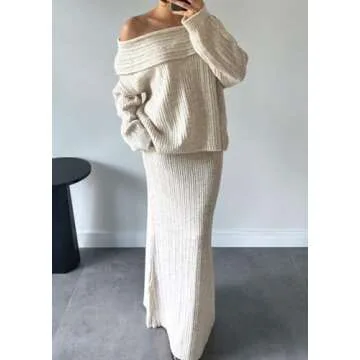 Kwunbwa Skirt Sets Women 2 Piece Outfits Off Shoulder Long Sleeve Sweater Bodycon Maxi Skirt Fall Knit Sweater Set