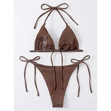 MakeMeChic Women's Halter Tie Side Triangle Bikini Set high Cut 2 Piece Bikini Swimsuit Bathing Suit Brown1 M