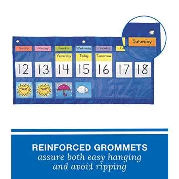 Carson Dellosa 25" x 12.75" Classroom Weekly Weather and Calendar Pocket Chart —Days of The Week, Abbreviations, Numbers, with Weather Condition Illustration Cards, Weekly Calendar Pocket Chart Blue