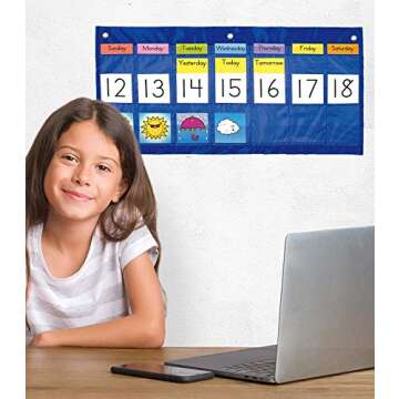 Carson Dellosa 25" x 12.75" Classroom Weekly Weather and Calendar Pocket Chart —Days of The Week, Abbreviations, Numbers, with Weather Condition Illustration Cards, Weekly Calendar Pocket Chart Blue