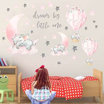 Dream Big Little One Elephant Wall Stickers, Pink Moon Hot Air Balloon Grey Stars Wall Decals for Nu...