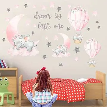 Dream Big Little One Elephant Wall Stickers, Pink Moon Hot Air Balloon Grey Stars Wall Decals for Nu...