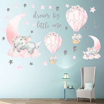 Dream Big Little One Elephant Wall Stickers, Pink Moon Hot Air Balloon Grey Stars Wall Decals for Nursery Kids Room Living Room Bedroom Decorations Home Decor