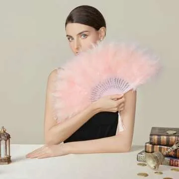 BABEYOND Marabou Feather Fan 20s Vintage Folding Fan Flapper Hand Fan for Costume Dancing Show Tea Party Wedding Decoration (Pink-Pink Rib)