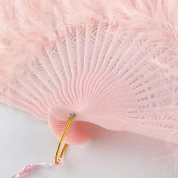 BABEYOND Marabou Feather Fan 20s Vintage Folding Fan Flapper Hand Fan for Costume Dancing Show Tea Party Wedding Decoration (Pink-Pink Rib)