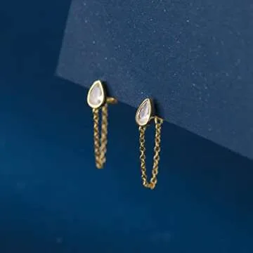 SLUYNZ Sterling Silver CZ Teardrop Chain Dangle Earrings for Women Teen Girls Minimalist Droplet Earrings Tassel Studs Chain (B-GOLD)