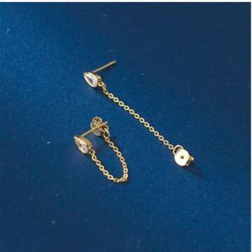 SLUYNZ Sterling Silver CZ Teardrop Chain Dangle Earrings for Women Teen Girls Minimalist Droplet Earrings Tassel Studs Chain (B-GOLD)
