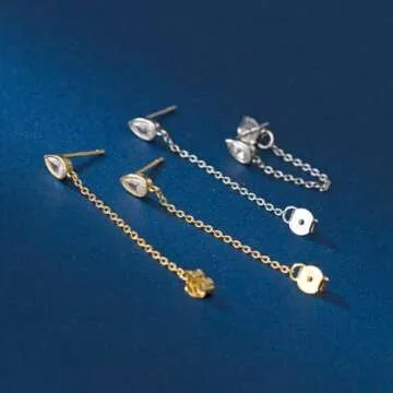 SLUYNZ Sterling Silver CZ Teardrop Chain Dangle Earrings for Women Teen Girls Minimalist Droplet Earrings Tassel Studs Chain (B-GOLD)