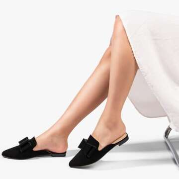 MUSSHOE Mules for Women Comfortable Pointed Toe Backless Slip-on Slides Loafer Flats with Bowknot,Black 9