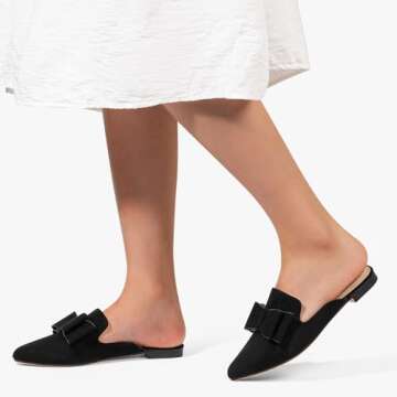 MUSSHOE Mules for Women Comfortable Pointed Toe Backless Slip-on Slides Loafer Flats with Bowknot,Black 9