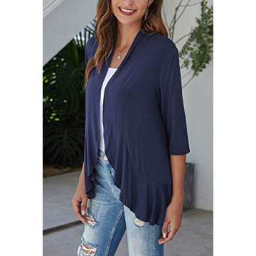 Bluetime Women Casual Lightweight Open Front Cardigans Soft Draped Ruffles 3/4 Sleeve Cardigan (M, Navy Blue)