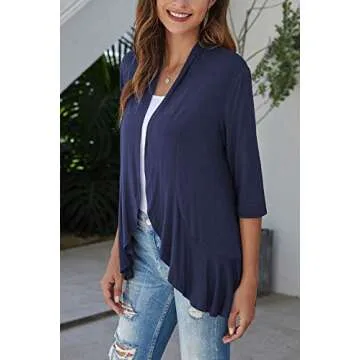 Bluetime Women Casual Lightweight Open Front Cardigans Soft Draped Ruffles 3/4 Sleeve Cardigan (M, Navy Blue)