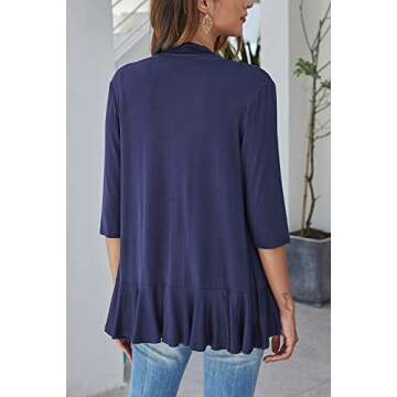 Bluetime Women Casual Lightweight Open Front Cardigans Soft Draped Ruffles 3/4 Sleeve Cardigan (M, Navy Blue)