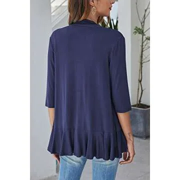 Bluetime Women Casual Lightweight Open Front Cardigans Soft Draped Ruffles 3/4 Sleeve Cardigan (M, Navy Blue)