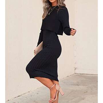 Ezbelle Women's Long Sleeve Sweater Dresses 2 Piece Outfits Sets Casual Ribbed Knit Crop Tops and Tank Bodycon Midi Dress Black Small