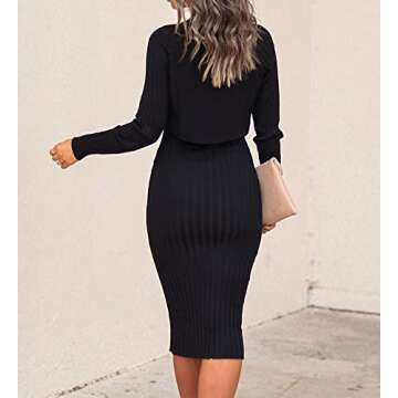 Ezbelle Women's Long Sleeve Sweater Dresses 2 Piece Outfits Sets Casual Ribbed Knit Crop Tops and Tank Bodycon Midi Dress Black Small
