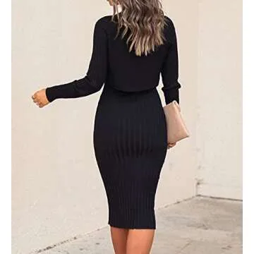 Ezbelle Women's Long Sleeve Sweater Dresses 2 Piece Outfits Sets Casual Ribbed Knit Crop Tops and Tank Bodycon Midi Dress Black Small