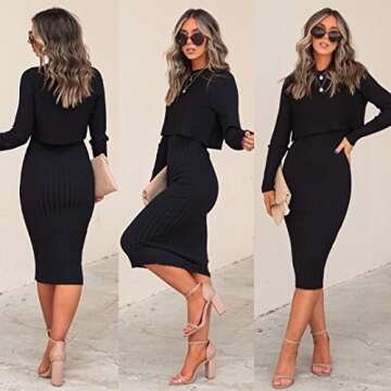 Ezbelle Women's Long Sleeve Sweater Dresses 2 Piece Outfits Sets Casual Ribbed Knit Crop Tops and Tank Bodycon Midi Dress Black Small