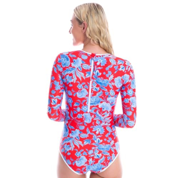 Tame the Sun Red Long Sleeve Swimsuits for Women - Tummy Control, Ruched Fully Lined Zip Bathing Suit - Rash Guard Swimwear