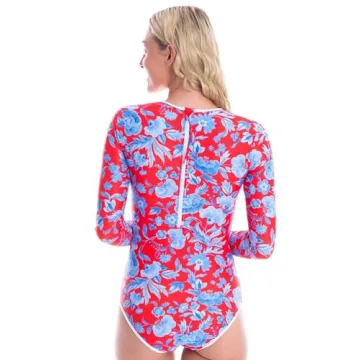 Tame the Sun Red Long Sleeve Swimsuits for Women - Tummy Control, Ruched Fully Lined Zip Bathing Suit - Rash Guard Swimwear