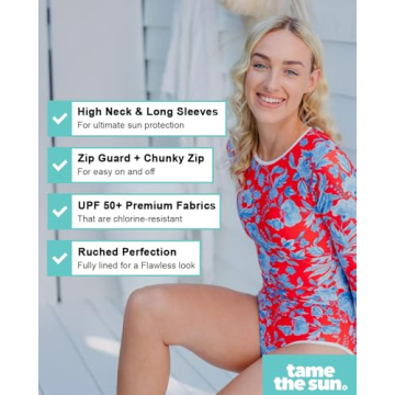 Tame the Sun Red Long Sleeve Swimsuits for Women - Tummy Control, Ruched Fully Lined Zip Bathing Suit - Rash Guard Swimwear