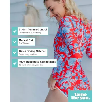 Tame the Sun Red Long Sleeve Swimsuits for Women - Tummy Control, Ruched Fully Lined Zip Bathing Suit - Rash Guard Swimwear