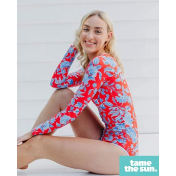Tame the Sun Red Long Sleeve Swimsuits for Women - Tummy Control, Ruched Fully Lined Zip Bathing Suit - Rash Guard Swimwear