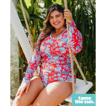 Tame the Sun Red Long Sleeve Swimsuits for Women - Tummy Control, Ruched Fully Lined Zip Bathing Suit - Rash Guard Swimwear