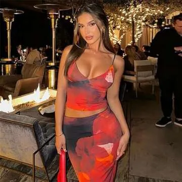 ksotutm Maxi Skirt Set Floral Print Halter Top Maxi Skirt Sexy Going Out Outfits for Women Orange