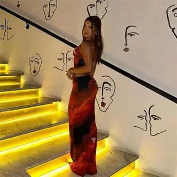 ksotutm Maxi Skirt Set Floral Print Halter Top Maxi Skirt Sexy Going Out Outfits for Women Orange