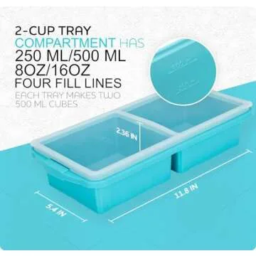 XOMOO Silicone Freezer Tray With Lid-Soup Freezer Container molds-2-cup Extra Large Ice Cube Tray-makes 4 perfect 500ml portions cubes, For freezing soup,stews,sauces.Oven&Dishwasher-Safe(2-Pack)