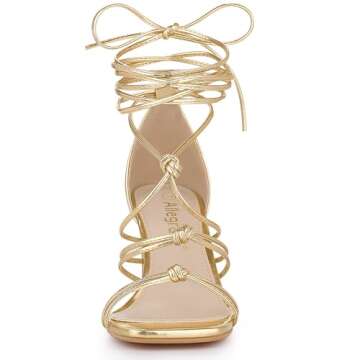 Allegra K Women's Square Heels Lace Up Strappy Chunky High Gold Heels Sandals 11 M US