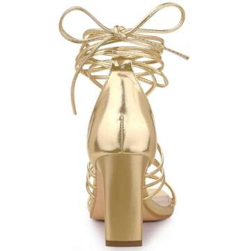 Allegra K Women's Square Heels Lace Up Strappy Chunky High Gold Heels Sandals 11 M US
