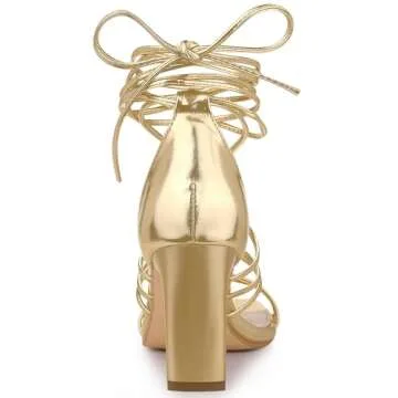 Allegra K Women's Square Heels Lace Up Strappy Chunky High Gold Heels Sandals 11 M US