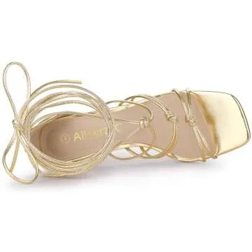 Allegra K Women's Square Heels Lace Up Strappy Chunky High Gold Heels Sandals 11 M US