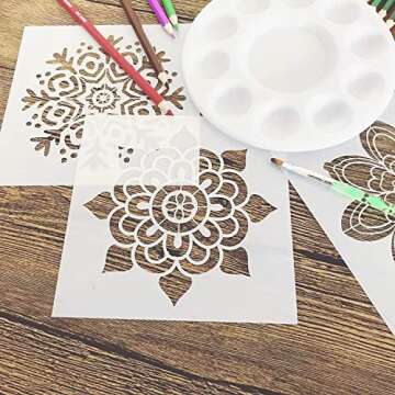 9 Pack 6 x 6 inches Mandala Stencils for Painting on Wood, Wall, Floor, Tile Fabric, Reusable Furnit...