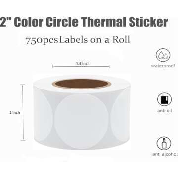 Hybsk 2 inch Circle Color Direct Thermal Stickers Shipping Labels for Barcodes,Name Tag,DIY Logo Design,QR Code,Inventory– Compatible with Zebra,Rollo and More-750 pcs (2 inch,White)