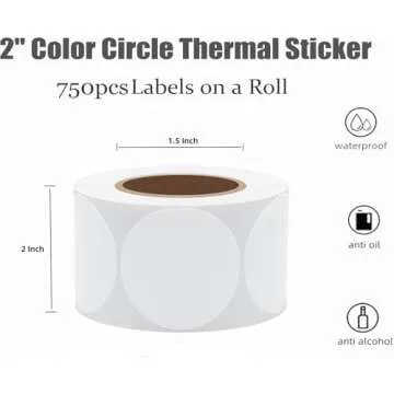 Hybsk 2 inch Circle Color Direct Thermal Stickers Shipping Labels for Barcodes,Name Tag,DIY Logo Design,QR Code,Inventory– Compatible with Zebra,Rollo and More-750 pcs (2 inch,White)