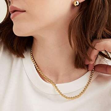 NUZON Gold Bead Choker Necklace for Women Dainty 18K Gold Plated 4mm Beaded Ball Chain Strand Adjustable Layering Necklaces Costume Jewelry 15’’