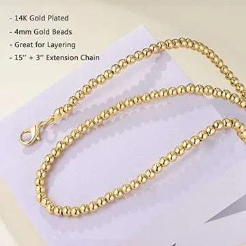 NUZON Gold Bead Choker Necklace for Women Dainty 18K Gold Plated 4mm Beaded Ball Chain Strand Adjustable Layering Necklaces Costume Jewelry 15’’