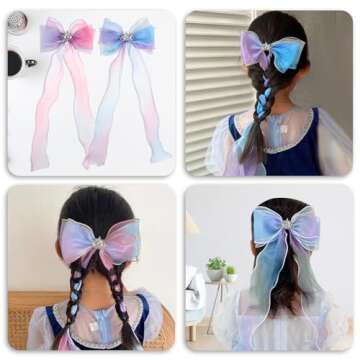 2 Pack Colorful Ribbon Hair Bows Alligator Clips Princess Bowknot Hair Barrettes Gradient Color Bows Hair Accessories for Girls