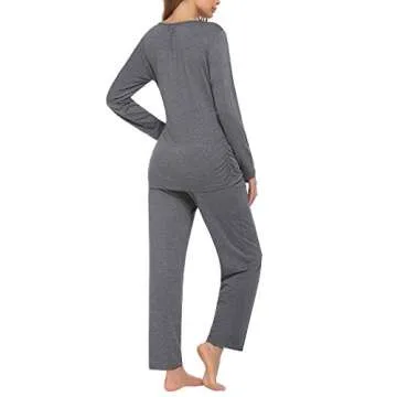 Ekouaer Women's Maternity Nursing Pajama Set Breastfeeding Sleepwear Set Double Layer Short Sleeve Top & Pants Pregnancy PJS