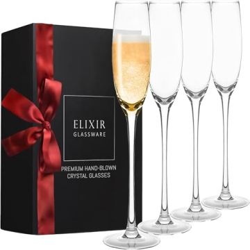 Champagne Flutes - 5 oz - Set of 4 Crystal Glass Flutes, Hand Blown Edge Champagne Glasses - Premium...
