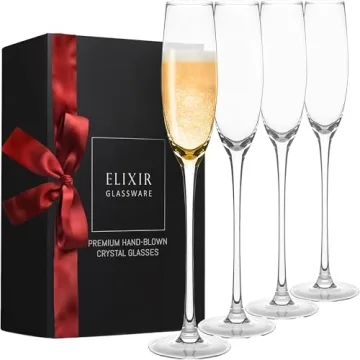 Champagne Flutes - 5 oz - Set of 4 Crystal Glass Flutes, Hand Blown Edge Champagne Glasses - Premium...