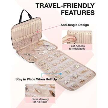 BAGSMART Jewelry Travel Organizer Case,Hanging Roll Jewelry Bag for Travel with Pockets,Large Capacity Jewelry Roll for Rings,Necklaces,Earrings,Bracelets,Bracelets,Portable Travel Essentials,Black