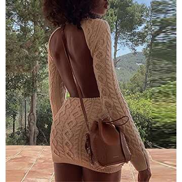 NUFIWI Women Knit Mini Dress Sexy Backless Wool Short Dresses Long Sleeve Fall Winter Outfits Female Elegant Christmas Wear White